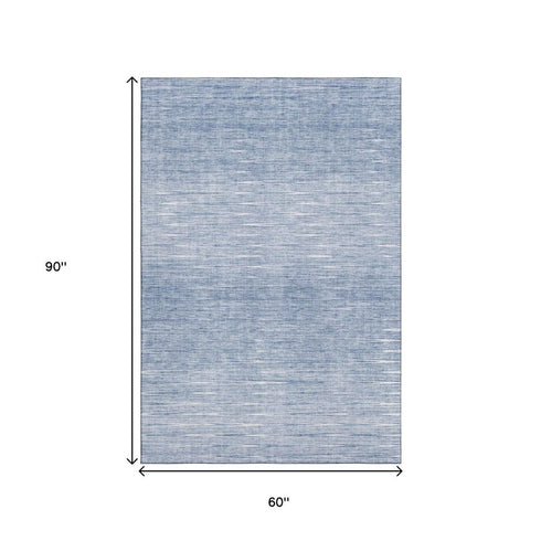 5' X 8' Denim Blue And Ivory Abstract Washable Area Rug With UV Protection