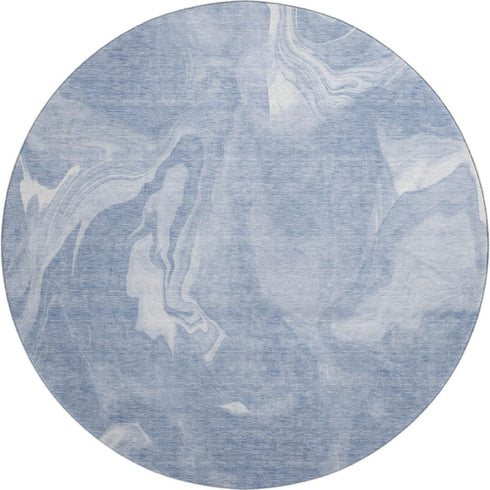 8' Blue And Ivory Abstract Washable Round Rug With UV Protection