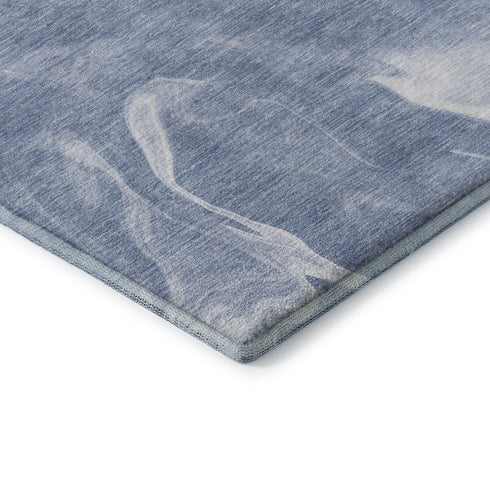 8' Blue And Ivory Abstract Washable Round Rug With UV Protection