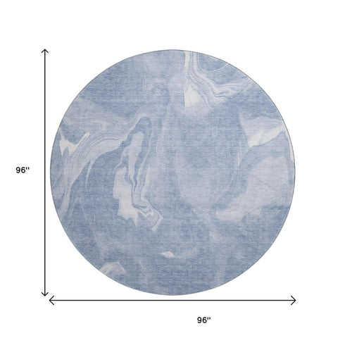 8' Blue And Ivory Abstract Washable Round Rug With UV Protection