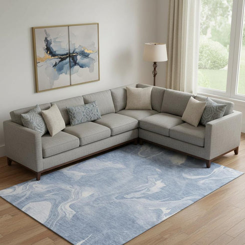 8' X 10' Blue And Ivory Abstract Washable Area Rug With UV Protection