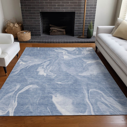 8' X 10' Blue And Ivory Abstract Washable Area Rug With UV Protection