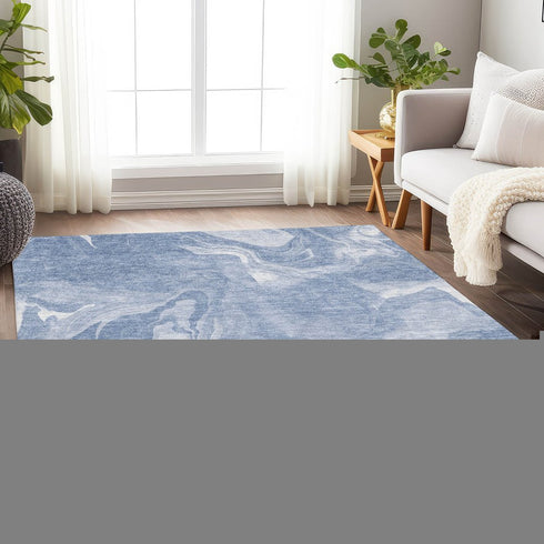 8' X 10' Blue And Ivory Abstract Washable Area Rug With UV Protection