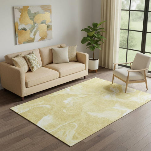 5' X 8' Gold And Ivory Abstract Washable Area Rug With UV Protection