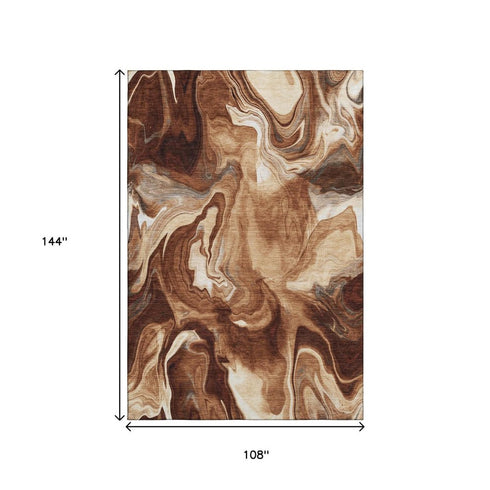 9' X 12' Rust Ivory And Beige Abstract Washable Area Rug With UV Protection