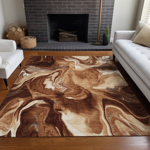 9' X 12' Rust Ivory And Beige Abstract Washable Area Rug With UV Protection