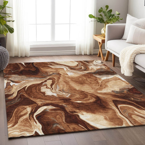 9' X 12' Rust Ivory And Beige Abstract Washable Area Rug With UV Protection
