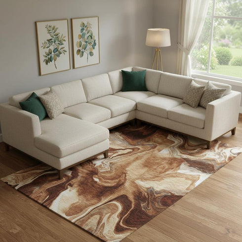 9' X 12' Rust Ivory And Beige Abstract Washable Area Rug With UV Protection