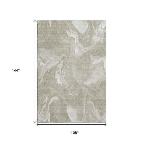 9' X 12' Taupe And Ivory Abstract Washable Area Rug With UV Protection