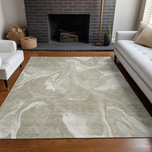 9' X 12' Taupe And Ivory Abstract Washable Area Rug With UV Protection