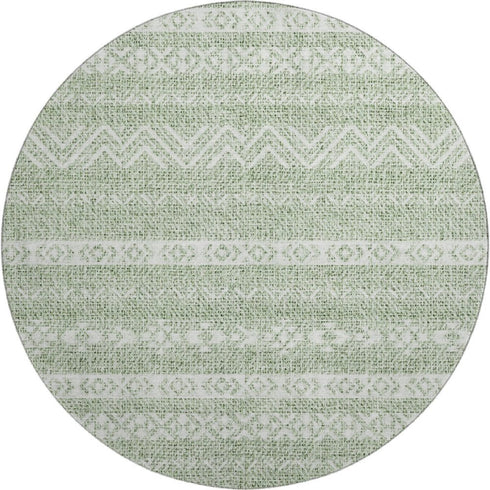 8' Artichoke Green And Ivory Southwestern Washable Round Rug With UV Protection