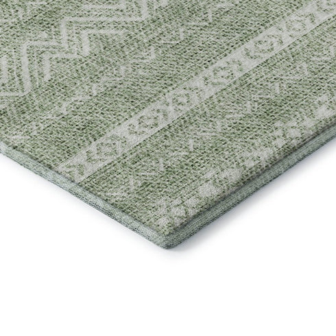 8' Artichoke Green And Ivory Southwestern Washable Round Rug With UV Protection