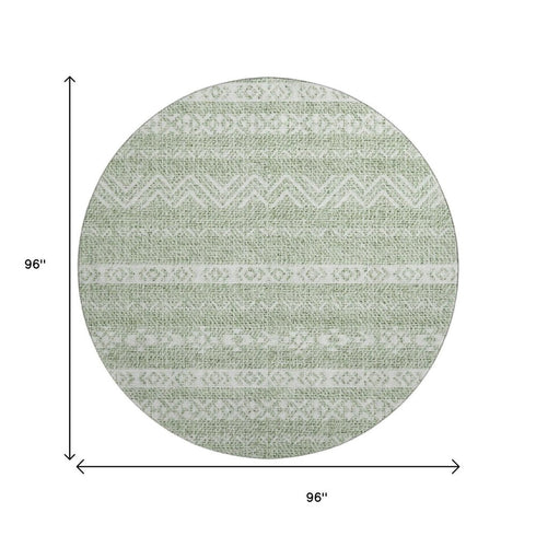 8' Artichoke Green And Ivory Southwestern Washable Round Rug With UV Protection
