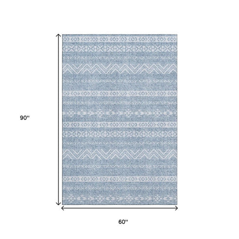 5' X 8' Blue And Ivory Southwestern Washable Area Rug With UV Protection