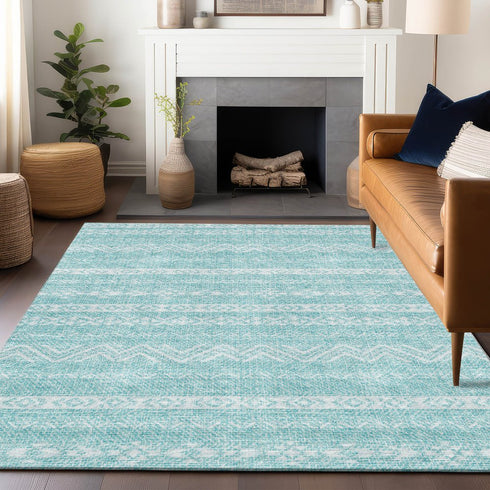 5' X 8' Teal And Ivory Southwestern Washable Area Rug With UV Protection