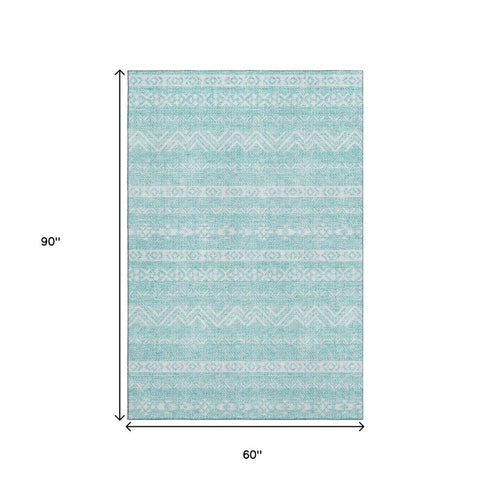 5' X 8' Teal And Ivory Southwestern Washable Area Rug With UV Protection