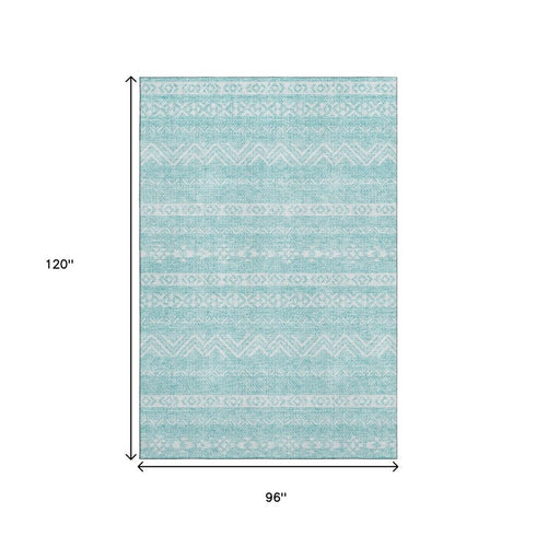 8' X 10' Teal And Ivory Southwestern Washable Area Rug With UV Protection