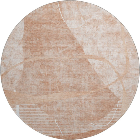 8' Salmon And Ivory Abstract Geometric Washable Round Rug With UV Protection