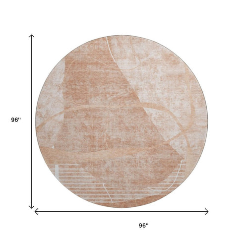 8' Salmon And Ivory Abstract Geometric Washable Round Rug With UV Protection