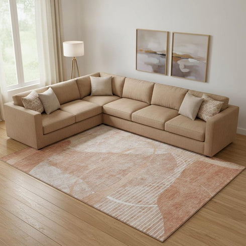 8' X 10' Salmon And Ivory Abstract Geometric Washable Area Rug With UV Protection
