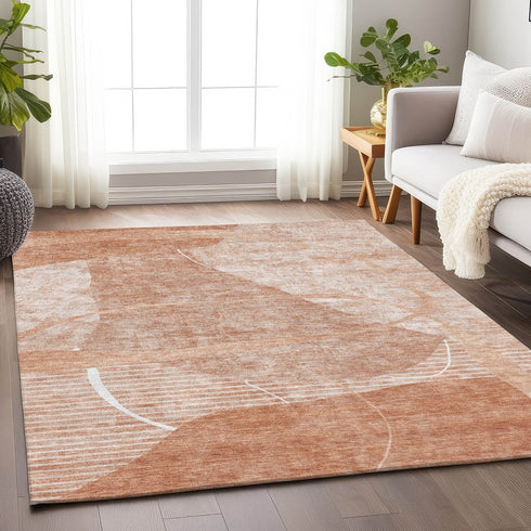 8' X 10' Salmon And Ivory Abstract Geometric Washable Area Rug With UV Protection
