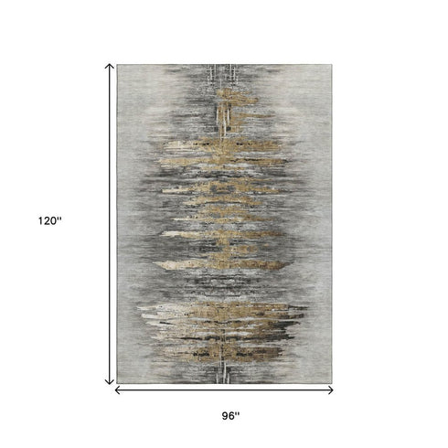8' X 10' Gray Silver And Gold Abstract Washable Area Rug With UV Protection