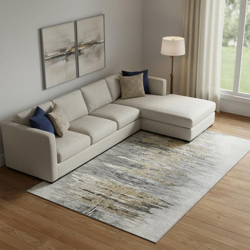 8' X 10' Gray Silver And Gold Abstract Washable Area Rug With UV Protection