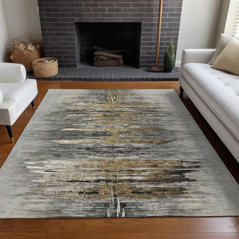 8' X 10' Gray Silver And Gold Abstract Washable Area Rug With UV Protection