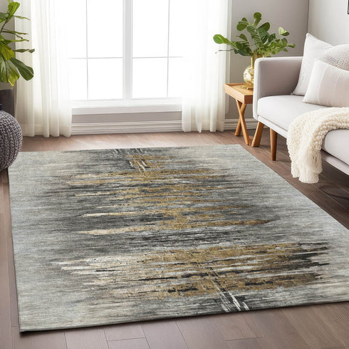 8' X 10' Gray Silver And Gold Abstract Washable Area Rug With UV Protection
