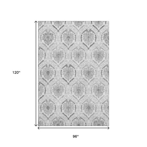 8' X 10' Silver And Gray Medallion Washable Area Rug With UV Protection