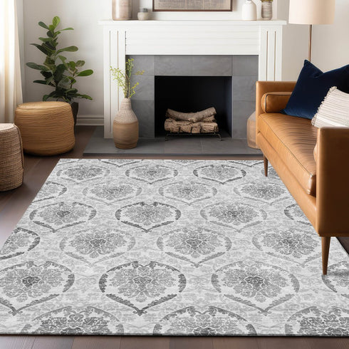 8' X 10' Silver And Gray Medallion Washable Area Rug With UV Protection