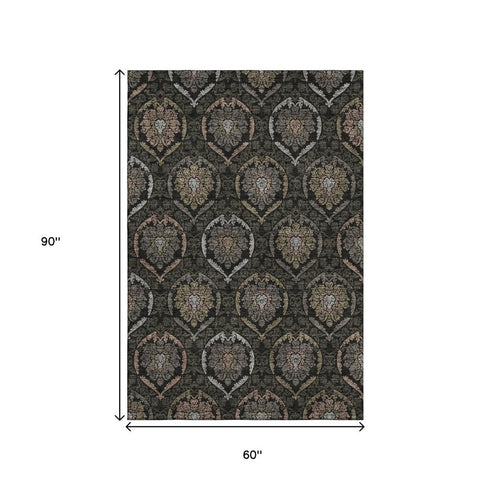 5' X 8' Black Brown And Gray Medallion Washable Area Rug With UV Protection