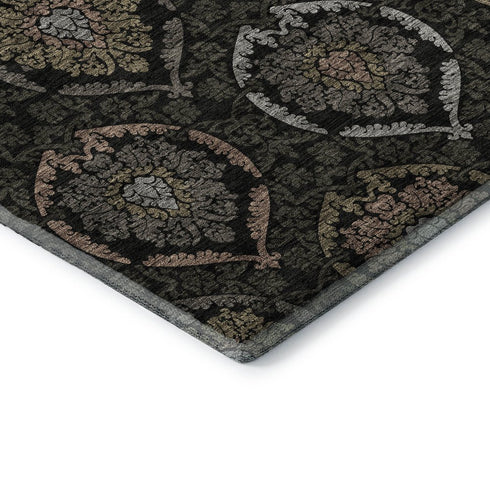 5' X 8' Black Brown And Gray Medallion Washable Area Rug With UV Protection