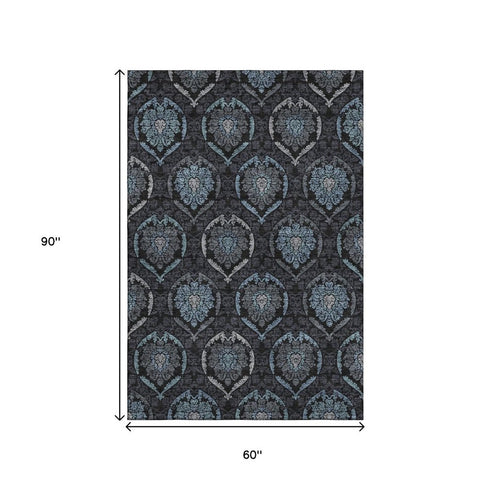 5' X 8' Blue And Charcoal Medallion Washable Area Rug With UV Protection