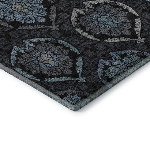 5' X 8' Blue And Charcoal Medallion Washable Area Rug With UV Protection