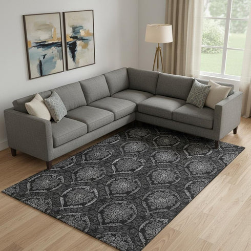 8' X 10' Gray And Silver Medallion Washable Area Rug With UV Protection