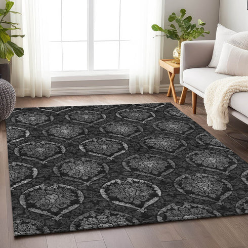 8' X 10' Gray And Silver Medallion Washable Area Rug With UV Protection