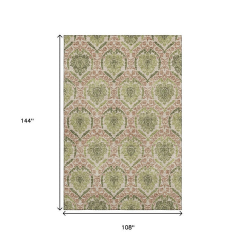 9' X 12' Olive Green And Copper Medallion Washable Area Rug With UV Protection