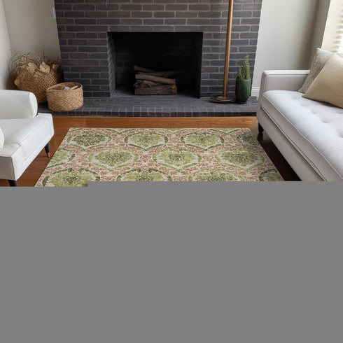 9' X 12' Olive Green And Copper Medallion Washable Area Rug With UV Protection