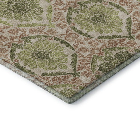 9' X 12' Olive Green And Copper Medallion Washable Area Rug With UV Protection