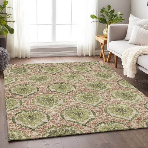 9' X 12' Olive Green And Copper Medallion Washable Area Rug With UV Protection