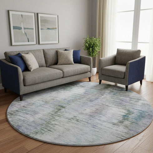 8' Green Purple And Gray Abstract Washable Round Rug With UV Protection