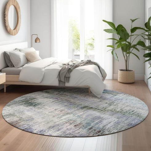 8' Green Purple And Gray Abstract Washable Round Rug With UV Protection