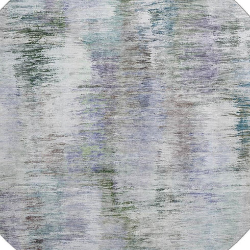 8' Green Purple And Gray Abstract Washable Round Rug With UV Protection