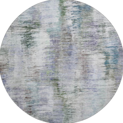 8' Green Purple And Gray Abstract Washable Round Rug With UV Protection