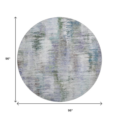 8' Green Purple And Gray Abstract Washable Round Rug With UV Protection