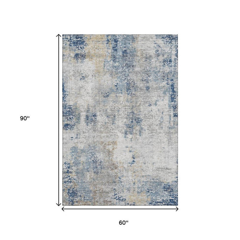 5' X 8' Blue Taupe And Ivory Abstract Washable Area Rug With UV Protection