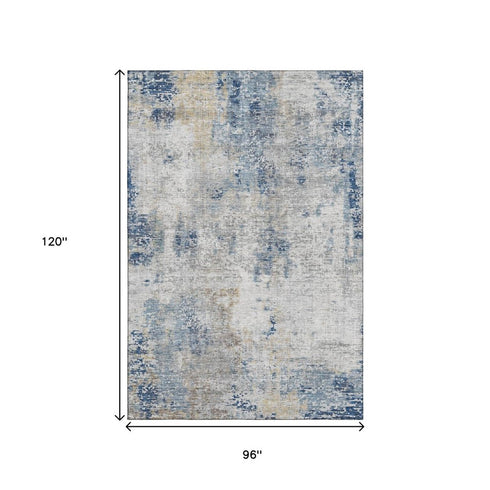 8' X 10' Blue Taupe And Ivory Abstract Washable Area Rug With UV Protection