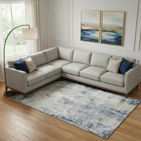 8' X 10' Blue Taupe And Ivory Abstract Washable Area Rug With UV Protection