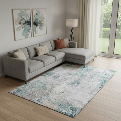 8' X 10' Teal Beige And Copper Abstract Washable Area Rug With UV Protection
